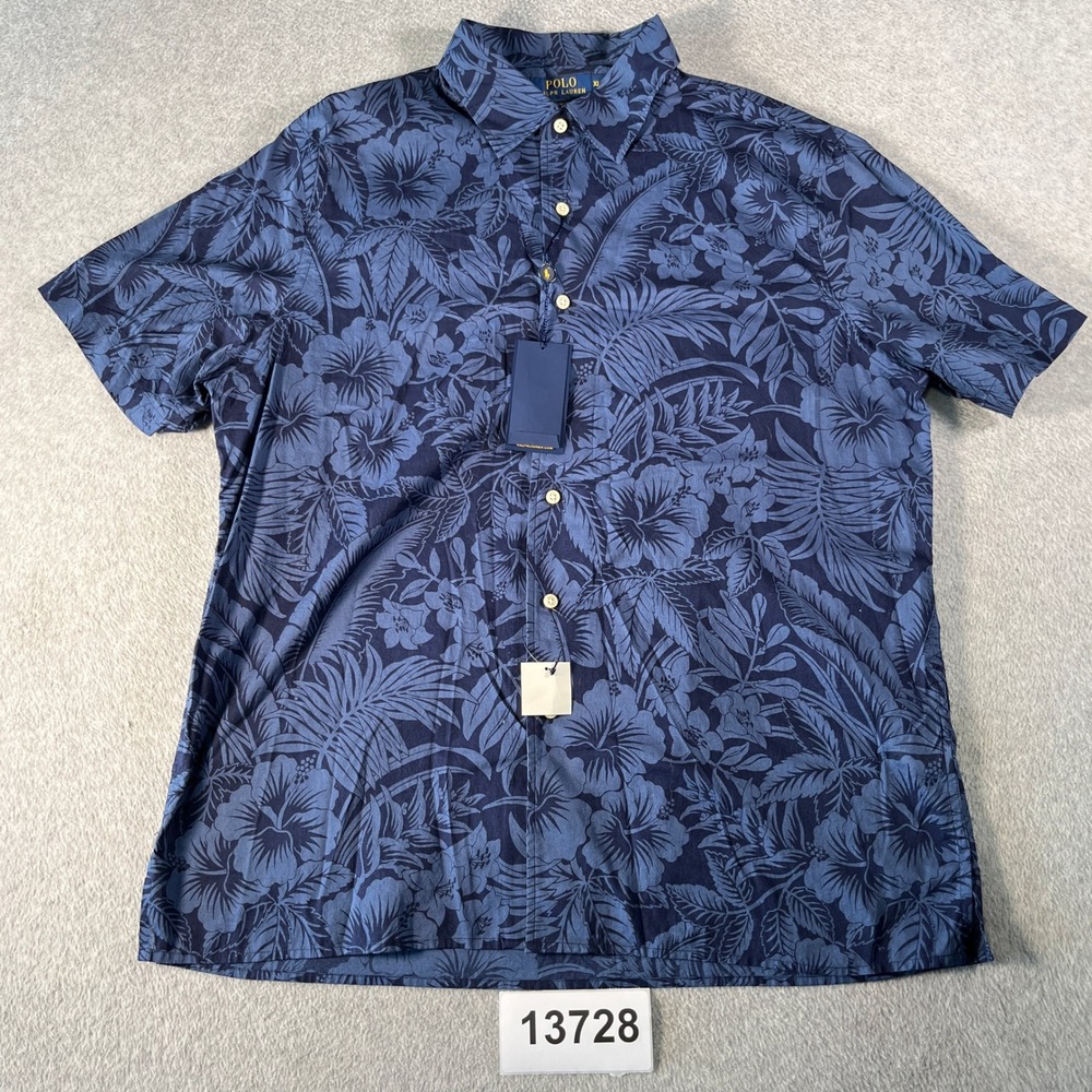 Polo Ralph Lauren Slim Fit Hawaiian Shirt Mens XL Blue Floral Cotton Button Up